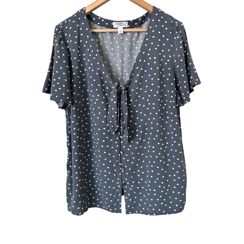 Morgan‎ Taylor Women Grey Polka Dot Tie Front V-Neck Button Down Blouse Large